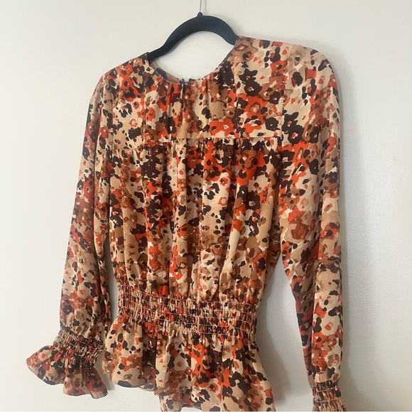 Victor Alfaro Collective Blouse Brown Painted Floral Peplum Top Size XS - Picture 3 of 13